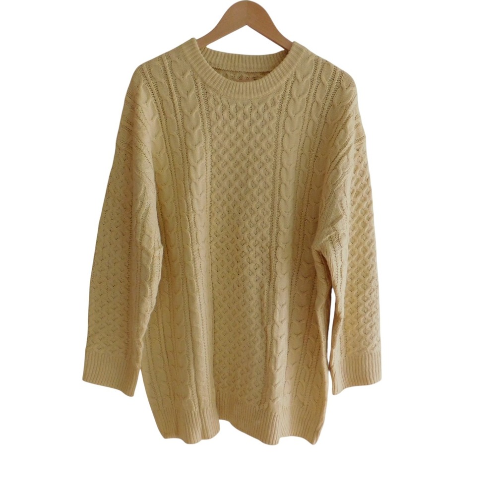 Vintage Mens Cable Knit Fishermans Sweater Ivory Crew Neck Size XL NO SIZE TAG